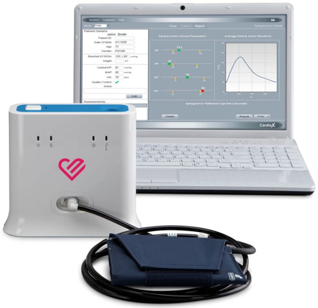 The SphygmoCor XCEL is a non-invasive device used for measuring central blood pressure and arterial stiffness.